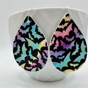 🦇Halloween rainbow bat teardrop earrings, handmade, vegan leather, lightweight